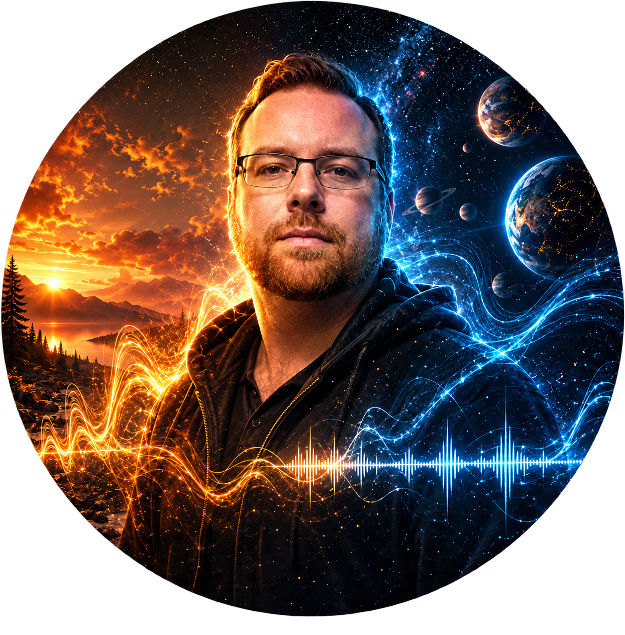 Outer Witness artist portrait surrounded by warm landscape light and cool cosmic imagery
